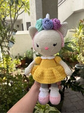 Handmade Crochet Cat Doll in Yellow Dress with Pastel Flower Headband